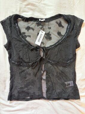 Garage Black Sheer Floral Lace Tie-Front Crop Top